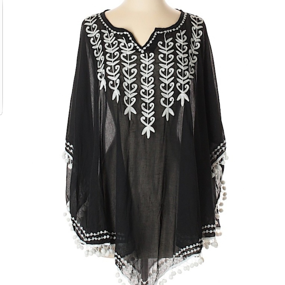 Embroidered pom trim poncho